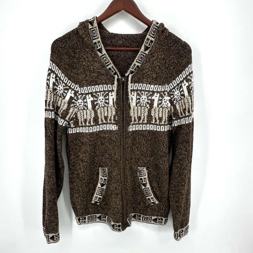 Alpaca Hoodie Zip Front Unisex Sweater Brown Llama Motif Size M Wool